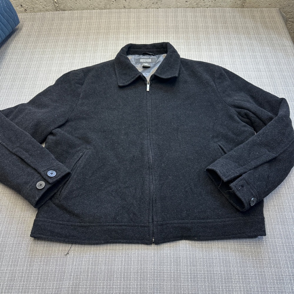 Kenneth Cole Reaction Wool Zip Up Jacket Mens XL Black Preppy Classic